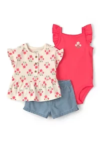 Baby Girls 3 Piece Shorts Shirt Onesie Set