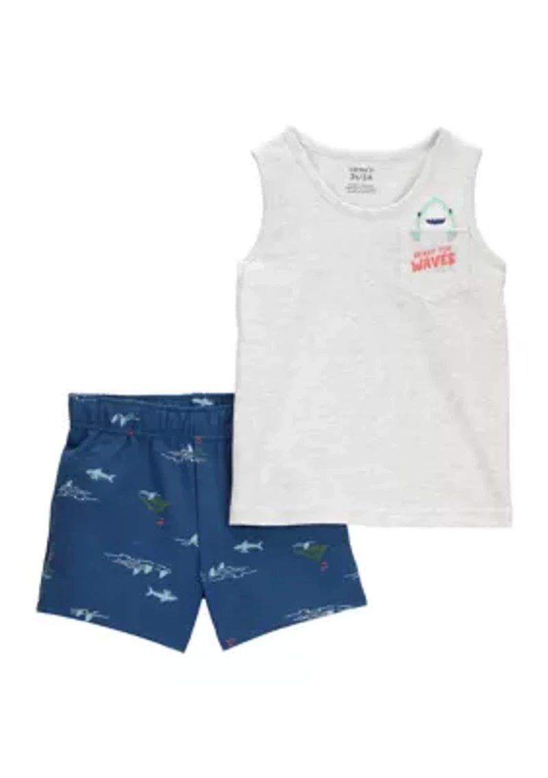 Toddler Boys Shark Pocket Shirt and Printed Shorts Set