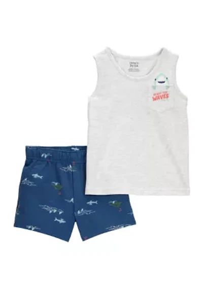 Toddler Boys Shark Pocket Shirt and Printed Shorts Set
