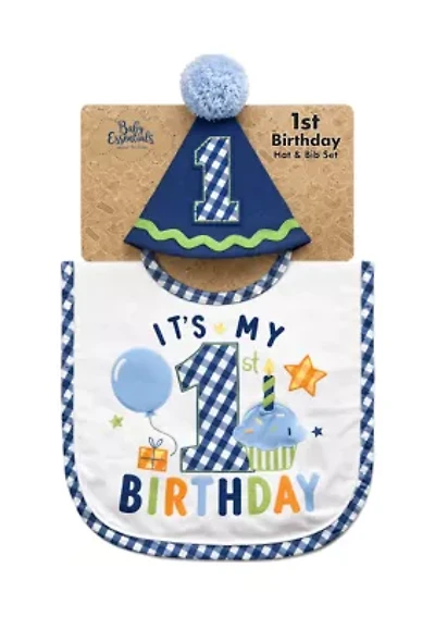 Baby Boys First Birthday Bib and Party Hat Set