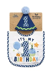 Baby Boys First Birthday Bib and Party Hat Set