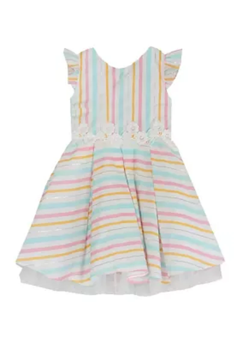Toddler Girls Multi Stripe Linen Flutter Sleeve Dress
