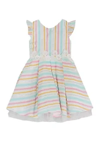 Toddler Girls Multi Stripe Linen Flutter Sleeve Dress