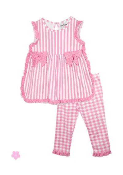 Toddler Girls Striped Top with Side Bow and Check Print Pants