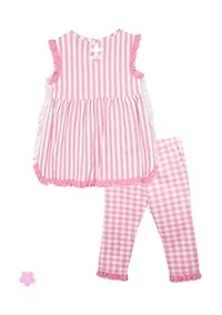 Toddler Girls Striped Top with Side Bow and Check Print Pants