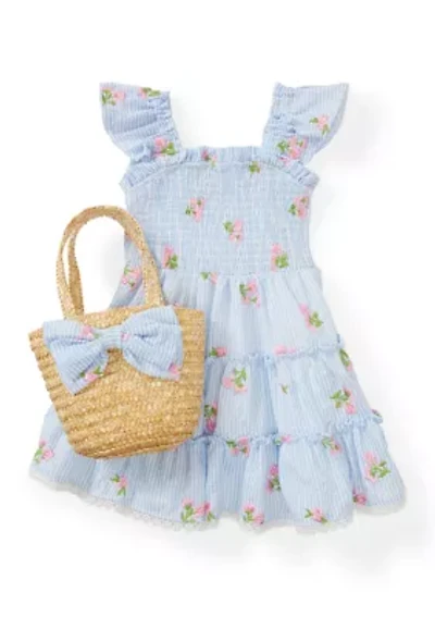 Toddler Girls Embroidery Seersucker Dress with Bag