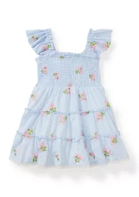 Toddler Girls Embroidery Seersucker Dress with Bag