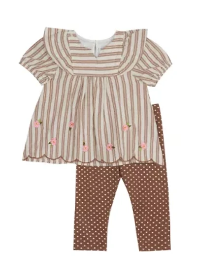 Toddler Girls Stripe Floral Embroidered Top and Leggings Set