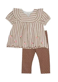 Toddler Girls Stripe Floral Embroidered Top and Leggings Set