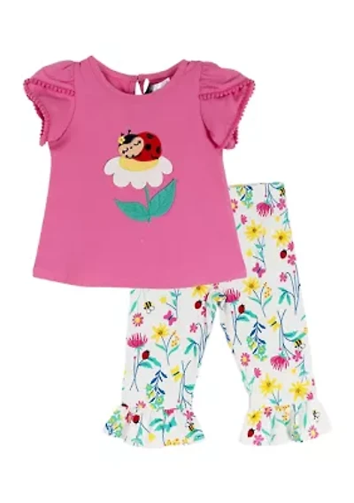 Baby Girls Short Sleeve Knit Appliqué Top with Printed Leggings