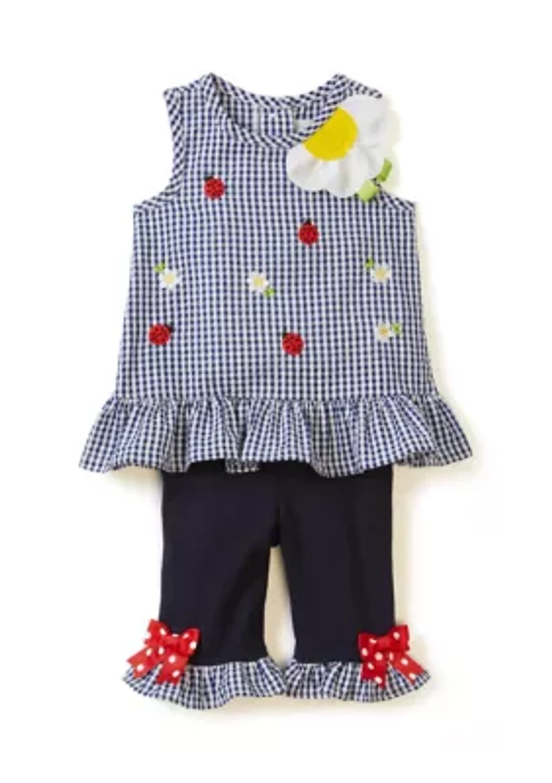 Baby Girls Seersucker Ladybug Embroidered Top and Leggings Set