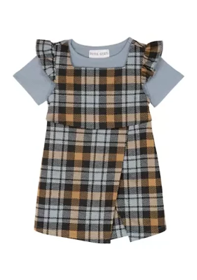 Toddler Girls Plaid Ruffle Jumper with T-Shirt
