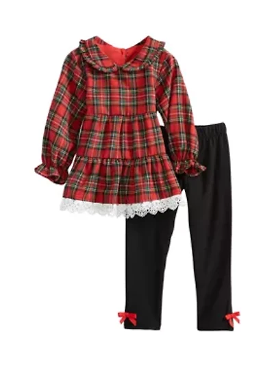 Toddler Girls Plaid Twill Crochet Top and Leggings Set