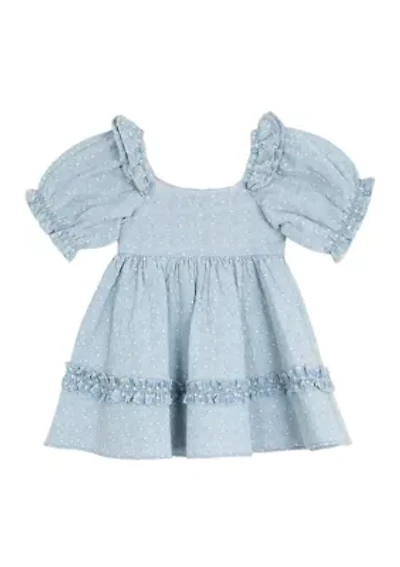 Toddler Girls Printed Chambray Dress with Puff Sleeves