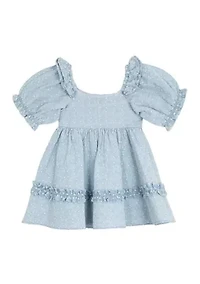 Toddler Girls Printed Chambray Dress with Puff Sleeves