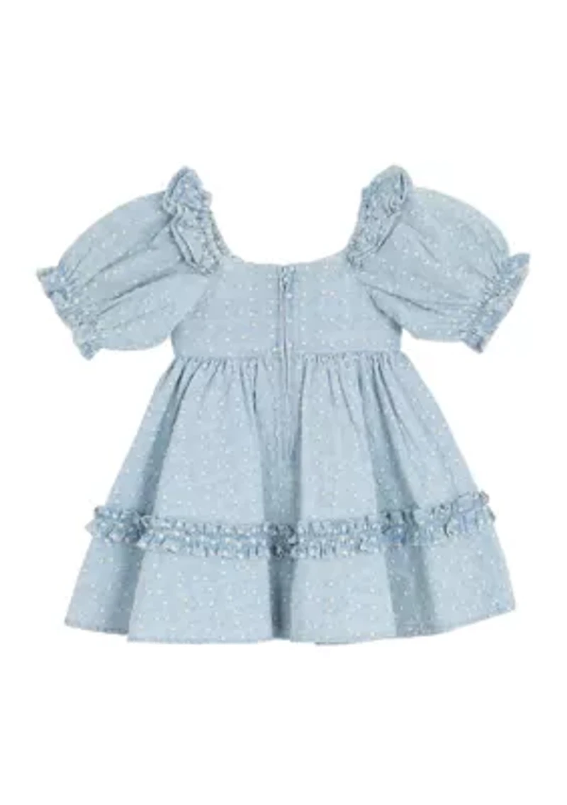 Toddler Girls Printed Chambray Dress with Puff Sleeves