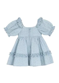 Toddler Girls Printed Chambray Dress with Puff Sleeves