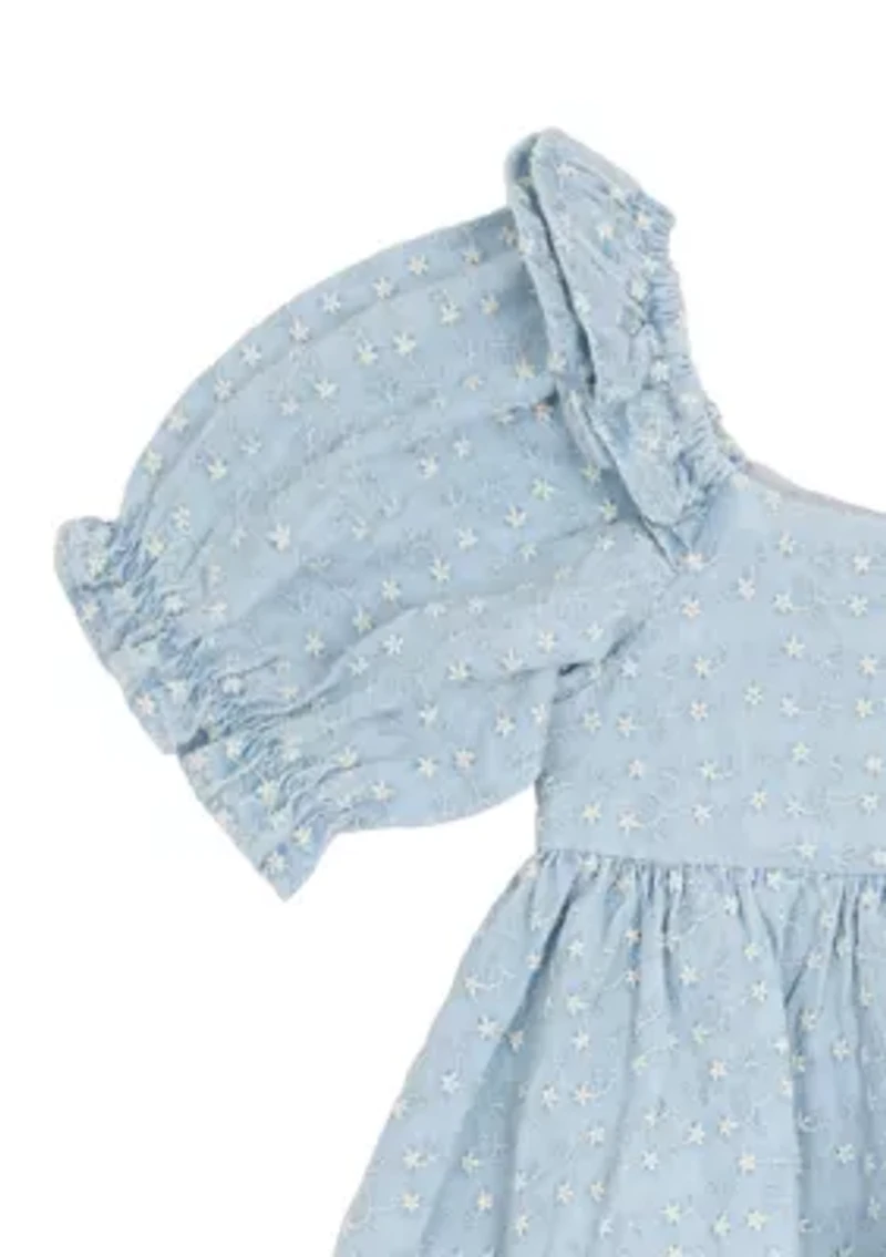 Toddler Girls Printed Chambray Dress with Puff Sleeves
