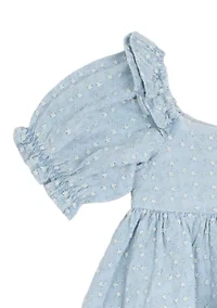 Toddler Girls Printed Chambray Dress with Puff Sleeves