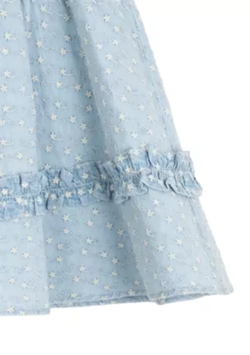 Toddler Girls Printed Chambray Dress with Puff Sleeves