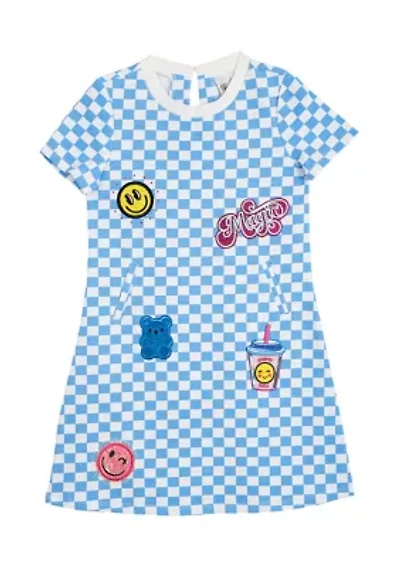 Toddler Girls Short Sleeve Checkerboard Dress with Patches