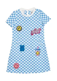 Toddler Girls Short Sleeve Checkerboard Dress with Patches