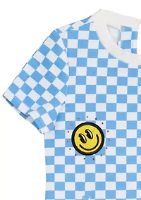 Toddler Girls Short Sleeve Checkerboard Dress with Patches