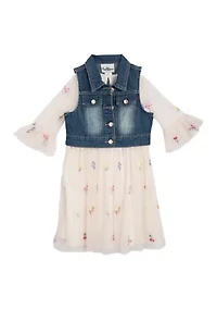 Toddler Girls Floral Printed Dress and Denim Vest Set