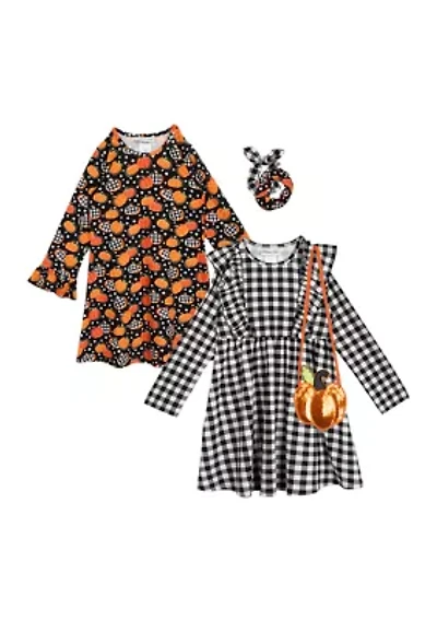 Toddler Girls Halloween Themed Dress Set with Hair Ties