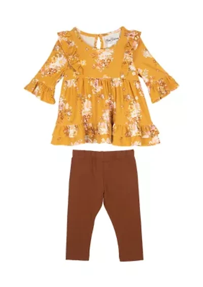 Baby Girls 3/4 Sleeve Floral Printed Top and Solid Leggings Set