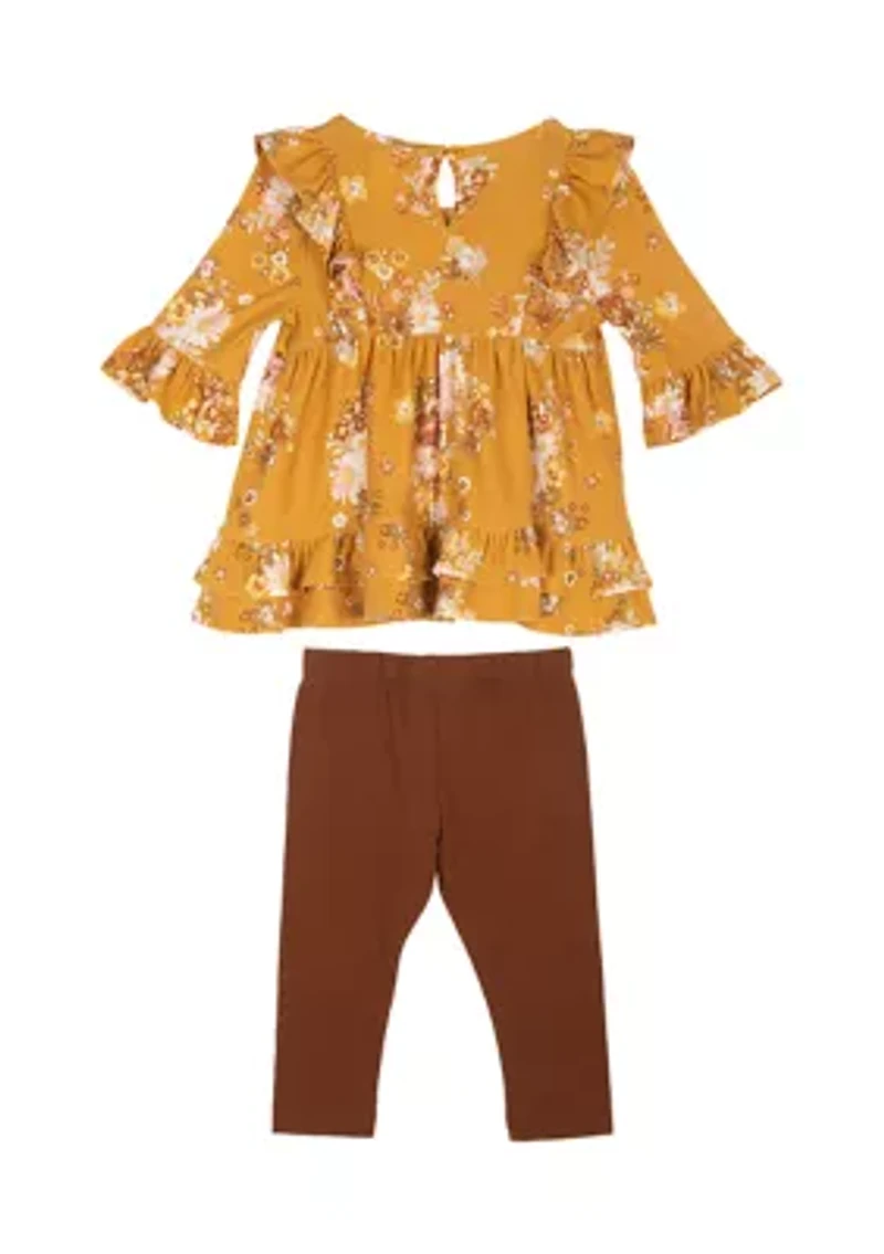 Baby Girls 3/4 Sleeve Floral Printed Top and Solid Leggings Set