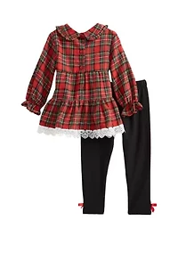 Baby Girls Plaid Twill Crochet Top and Leggings Set