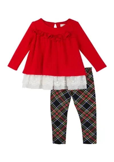 Baby Girls Ruffle Crochet Top and Plaid Leggings Set