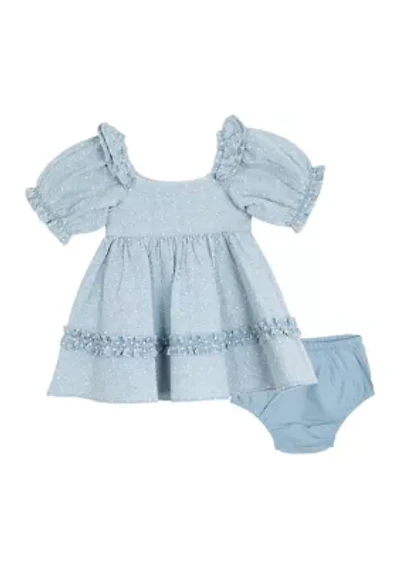 Baby Girls Printed Chambray Dress with Bloomer