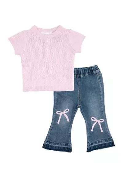 Baby Girls Printed Top and Denim Bow Jeans Set