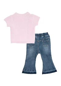 Baby Girls Printed Top and Denim Bow Jeans Set