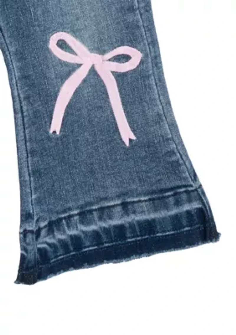 Baby Girls Printed Top and Denim Bow Jeans Set
