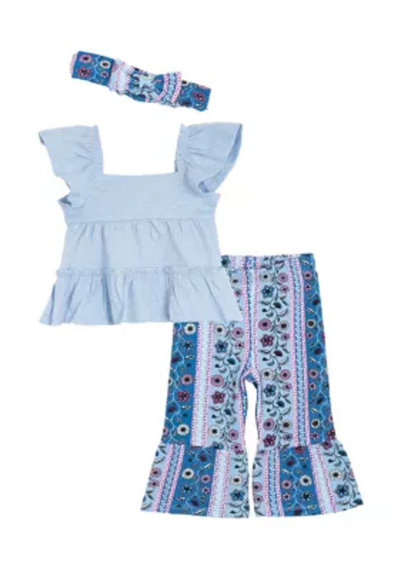 Baby Girls Bohemian Top and Printed Pants Set with Headband