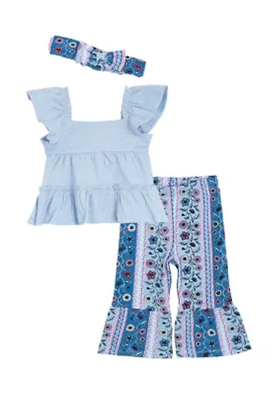 Baby Girls Bohemian Top and Printed Pants Set with Headband