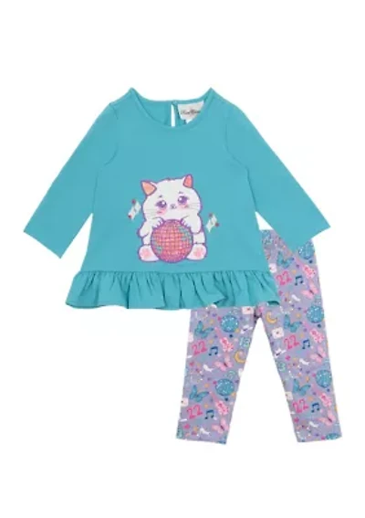 Baby Girls Cat Appliqué Top and Printed Leggings Set
