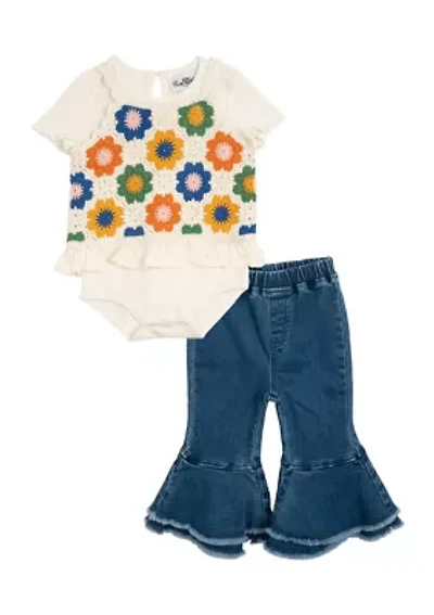 Toddler Girls Crochet Knit Bodysuit and Flared Pants Set
