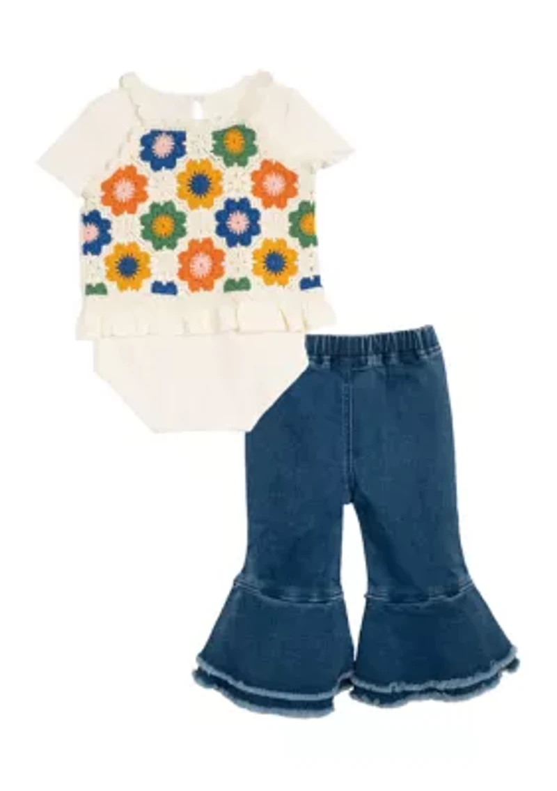 Toddler Girls Crochet Knit Bodysuit and Flared Pants Set