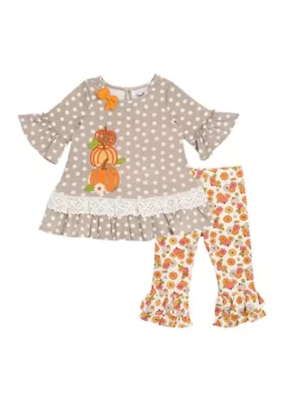 Baby Girls Polka Dot Pumpkin Appliqué Top and Leggings Set