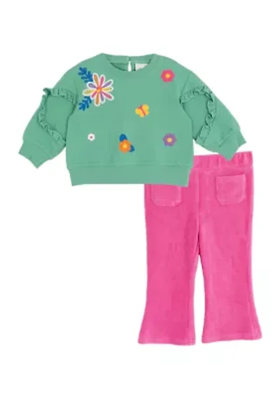 Baby Girls Floral Embroidered Sweatshirt and Pants Set