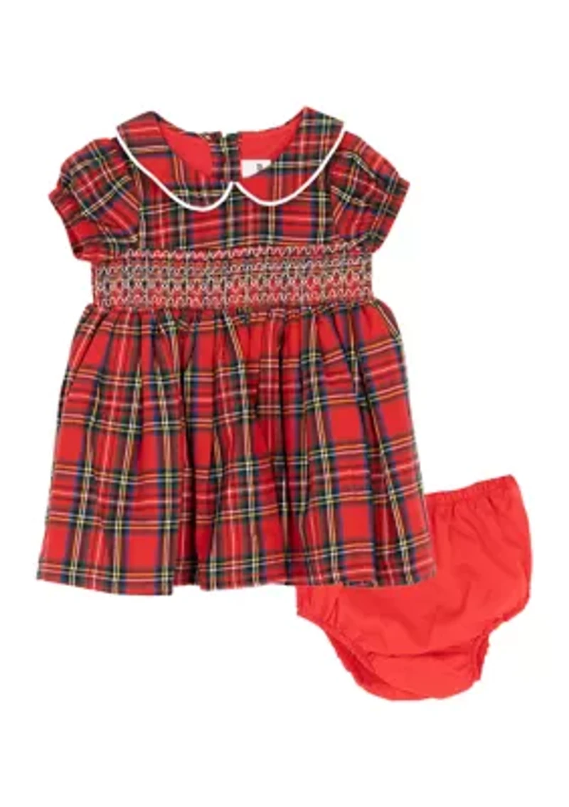 Baby Girls Short Sleeve Plaid Smocked Dress and Bloomer Set