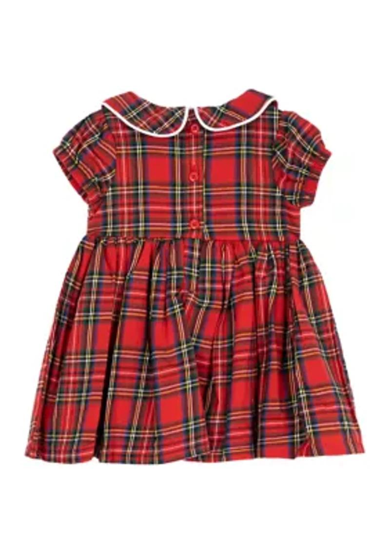 Baby Girls Short Sleeve Plaid Smocked Dress and Bloomer Set