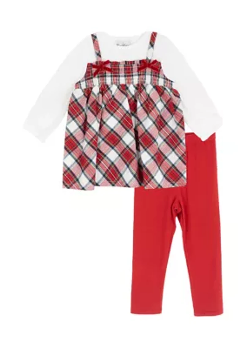 Toddler Girls 2-Piece Mock Plaid Tank over Long Sleeve Shirt and Legging Set
