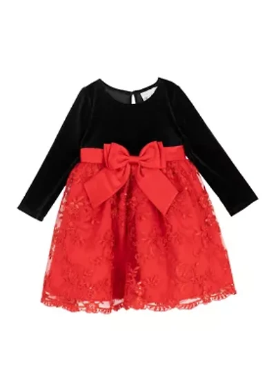 Toddler Girls Long Sleeve Velvet Bodice Dress with Bow