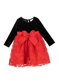 Toddler Girls Long Sleeve Velvet Bodice Dress with Bow