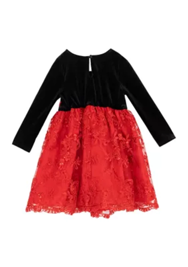 Toddler Girls Long Sleeve Velvet Bodice Dress with Bow